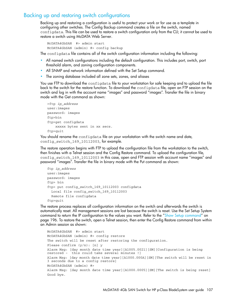 Backing up and restoring switch configurations | HP McDATA 4Gb SAN Switch for HP BladeSystem p-Class User Manual | Page 107 / 226