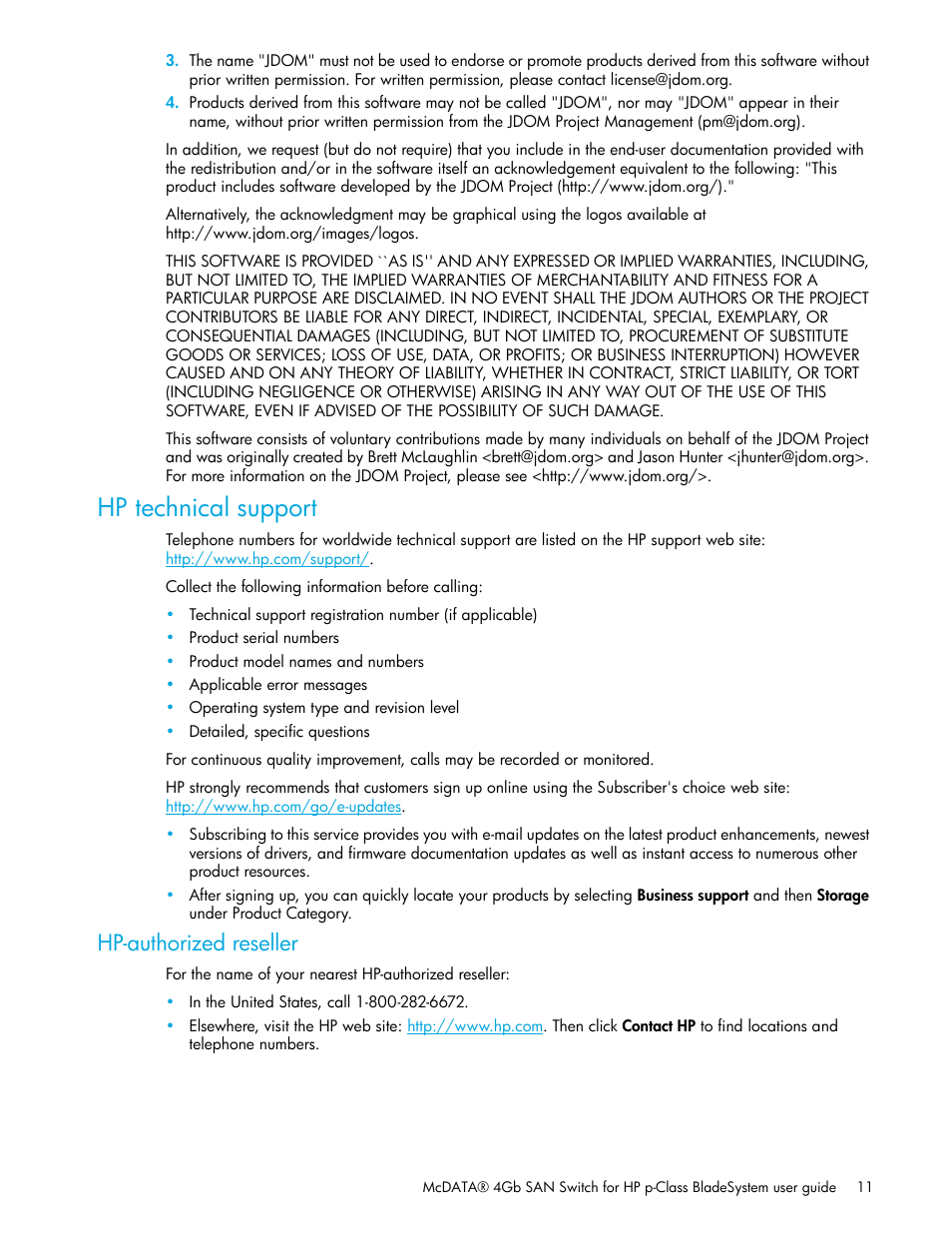 Hp technical support, Hp-authorized reseller | HP McDATA 4Gb SAN Switch for HP BladeSystem p-Class User Manual | Page 11 / 226
