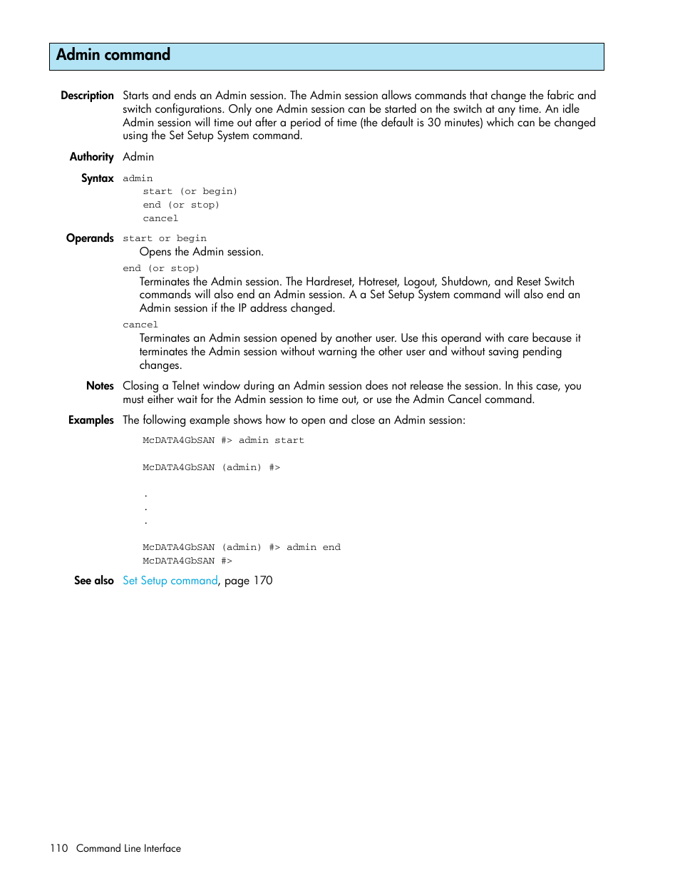 Admin command | HP McDATA 4Gb SAN Switch for HP BladeSystem p-Class User Manual | Page 110 / 226