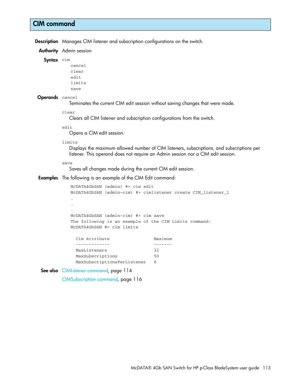 Cim command | HP McDATA 4Gb SAN Switch for HP BladeSystem p-Class User Manual | Page 113 / 226