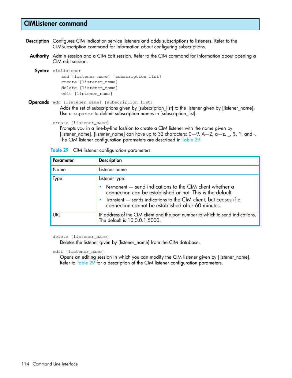 Cimlistener command | HP McDATA 4Gb SAN Switch for HP BladeSystem p-Class User Manual | Page 114 / 226