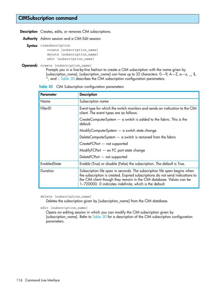 Cimsubscription command | HP McDATA 4Gb SAN Switch for HP BladeSystem p-Class User Manual | Page 116 / 226