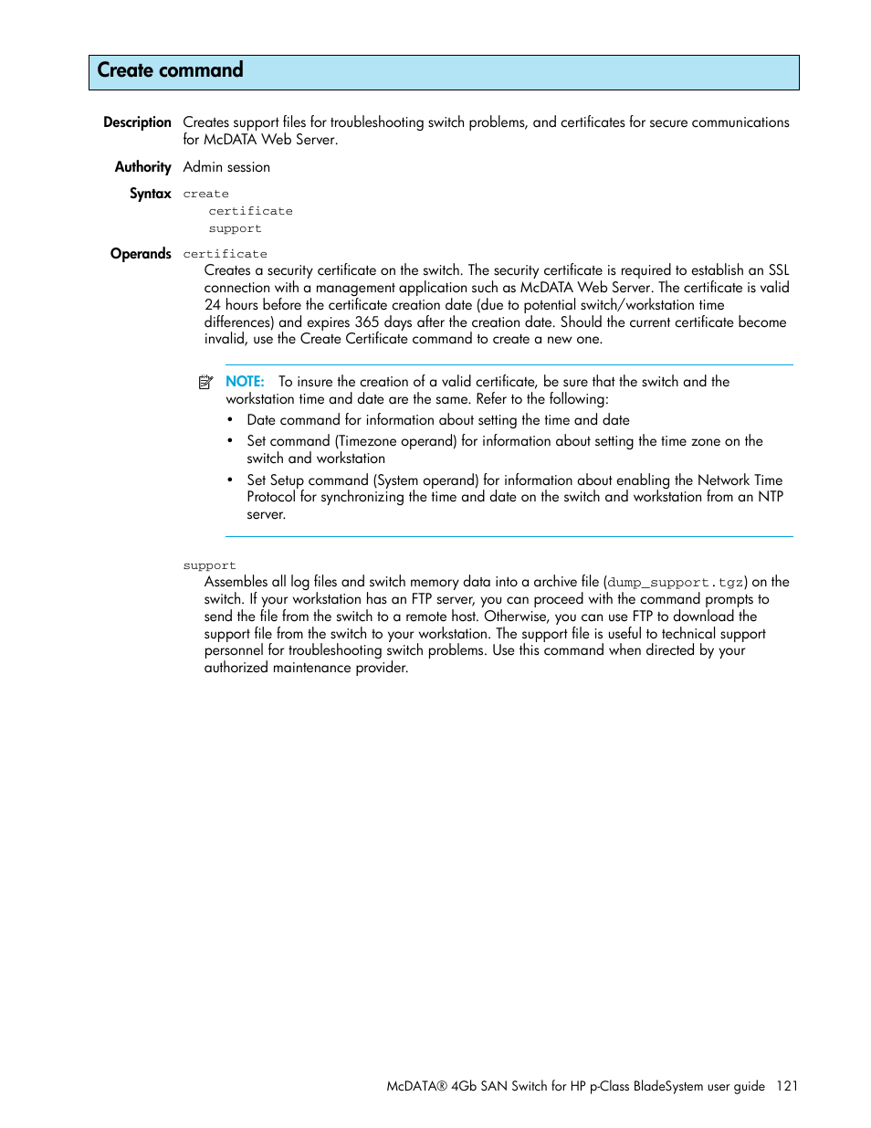 Create command | HP McDATA 4Gb SAN Switch for HP BladeSystem p-Class User Manual | Page 121 / 226