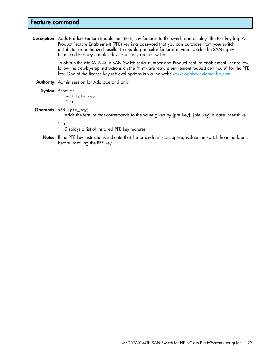 Feature command | HP McDATA 4Gb SAN Switch for HP BladeSystem p-Class User Manual | Page 125 / 226