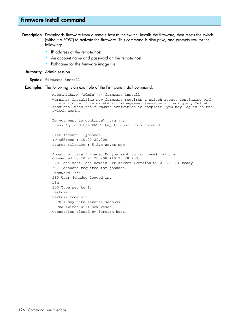 Firmware install command | HP McDATA 4Gb SAN Switch for HP BladeSystem p-Class User Manual | Page 126 / 226