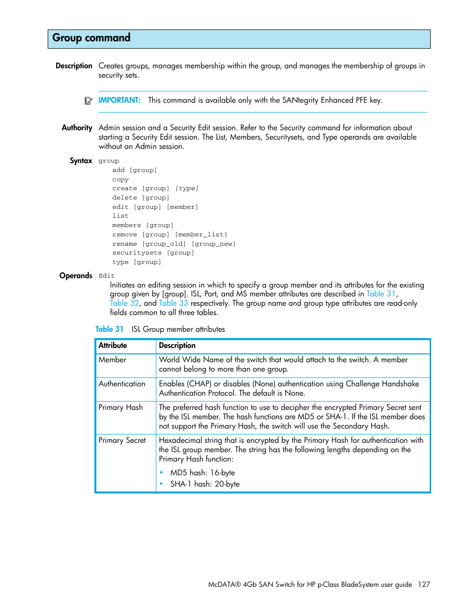 Group command | HP McDATA 4Gb SAN Switch for HP BladeSystem p-Class User Manual | Page 127 / 226