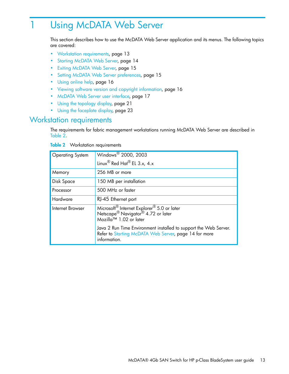 Using mcdata web server, Workstation requirements, Table 2 workstation requirements | 1 using mcdata web server, 2 workstation requirements, 1using mcdata web server | HP McDATA 4Gb SAN Switch for HP BladeSystem p-Class User Manual | Page 13 / 226