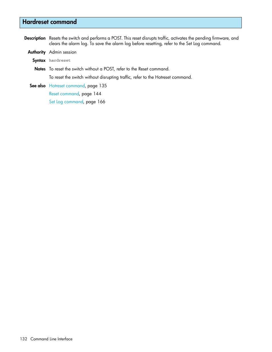 Hardreset command | HP McDATA 4Gb SAN Switch for HP BladeSystem p-Class User Manual | Page 132 / 226