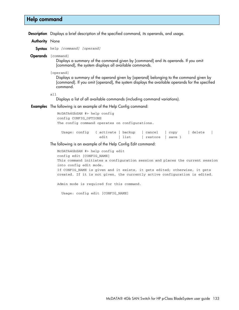 Help command | HP McDATA 4Gb SAN Switch for HP BladeSystem p-Class User Manual | Page 133 / 226