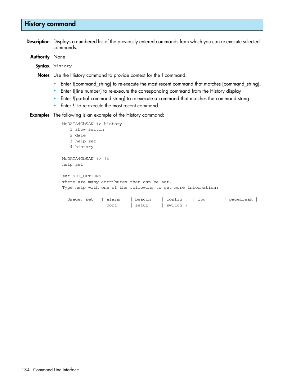 History command | HP McDATA 4Gb SAN Switch for HP BladeSystem p-Class User Manual | Page 134 / 226