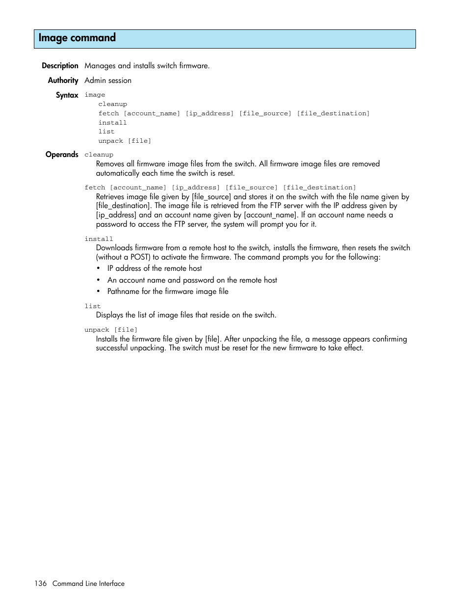 Image command | HP McDATA 4Gb SAN Switch for HP BladeSystem p-Class User Manual | Page 136 / 226