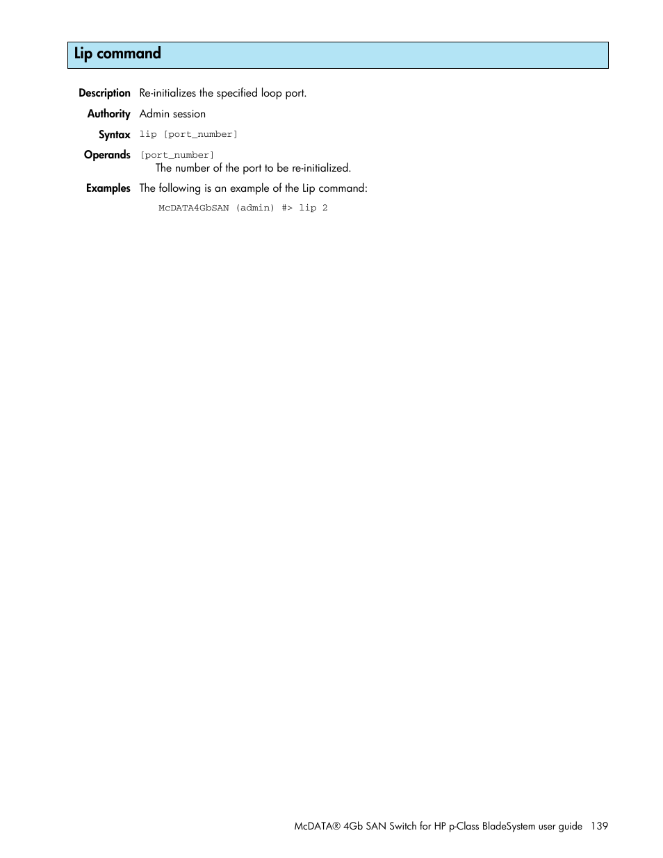 Lip command | HP McDATA 4Gb SAN Switch for HP BladeSystem p-Class User Manual | Page 139 / 226