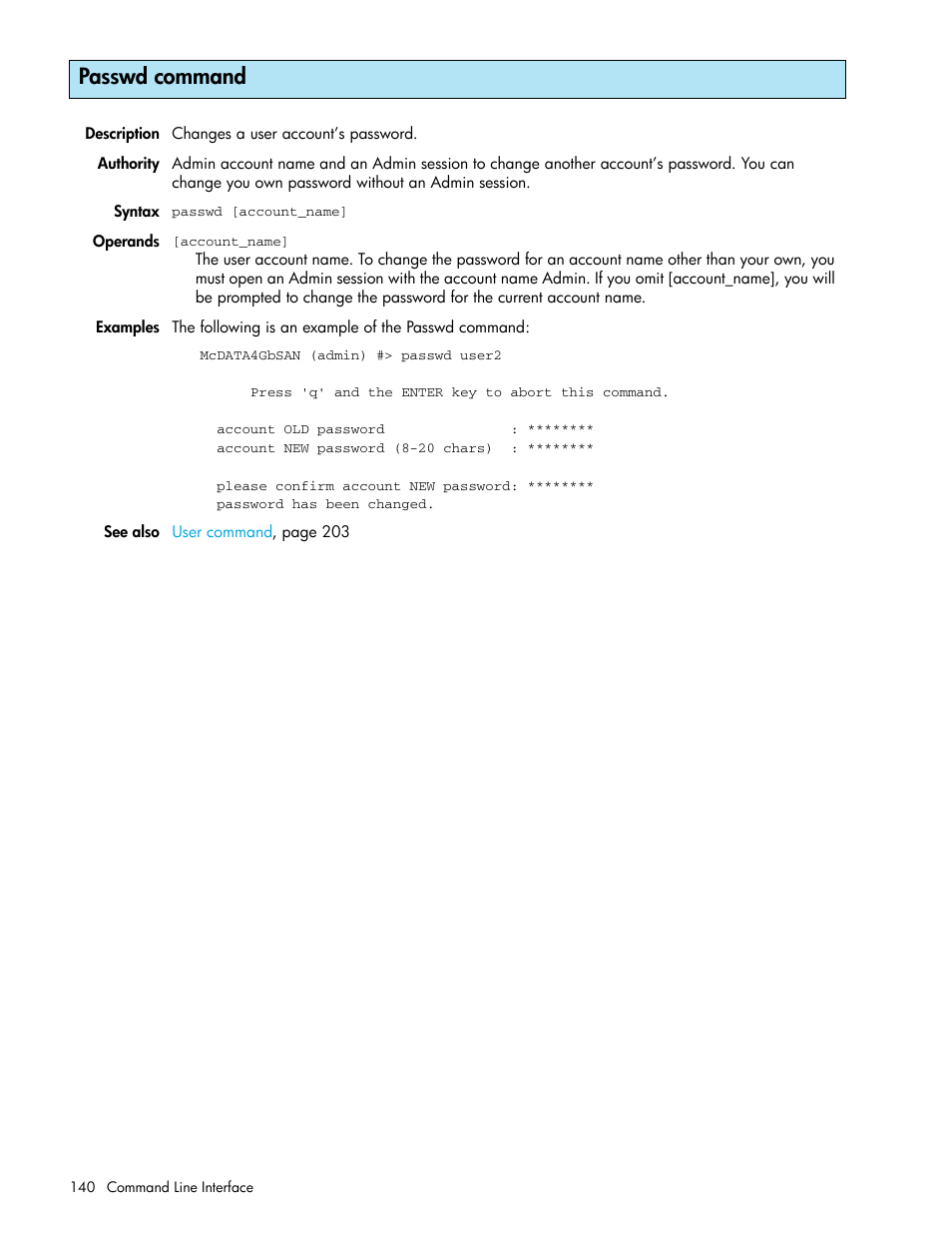 Passwd command | HP McDATA 4Gb SAN Switch for HP BladeSystem p-Class User Manual | Page 140 / 226