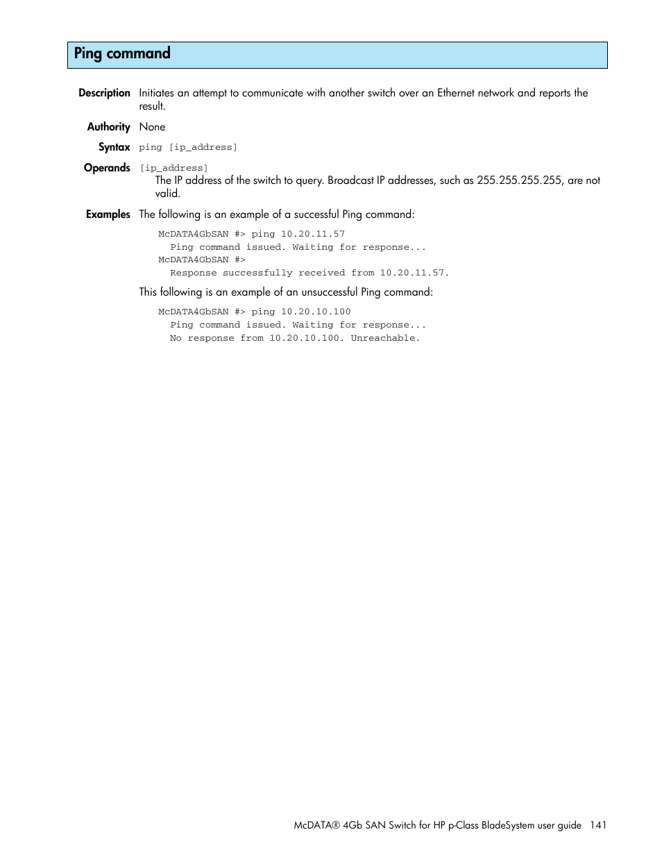 Ping command | HP McDATA 4Gb SAN Switch for HP BladeSystem p-Class User Manual | Page 141 / 226