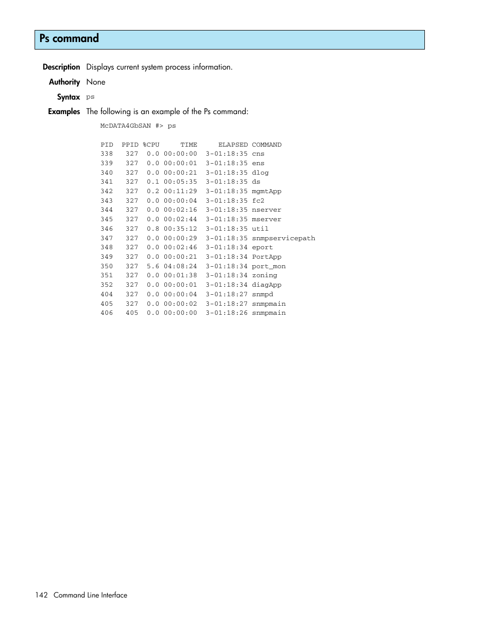 Ps command | HP McDATA 4Gb SAN Switch for HP BladeSystem p-Class User Manual | Page 142 / 226