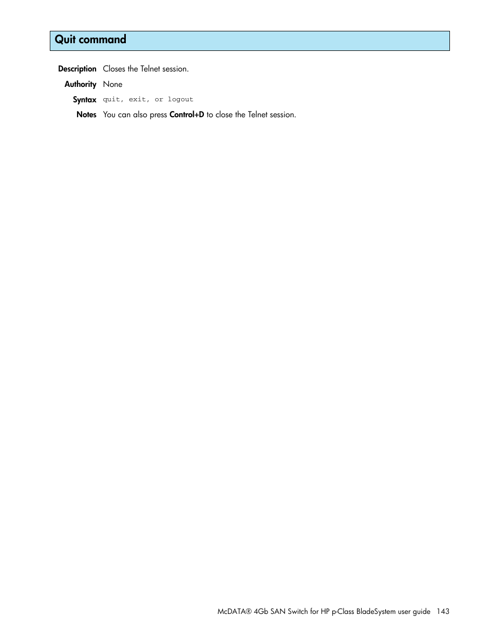 Quit command | HP McDATA 4Gb SAN Switch for HP BladeSystem p-Class User Manual | Page 143 / 226