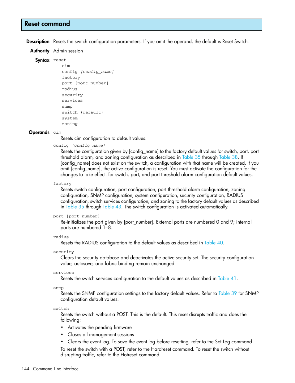 Reset command | HP McDATA 4Gb SAN Switch for HP BladeSystem p-Class User Manual | Page 144 / 226