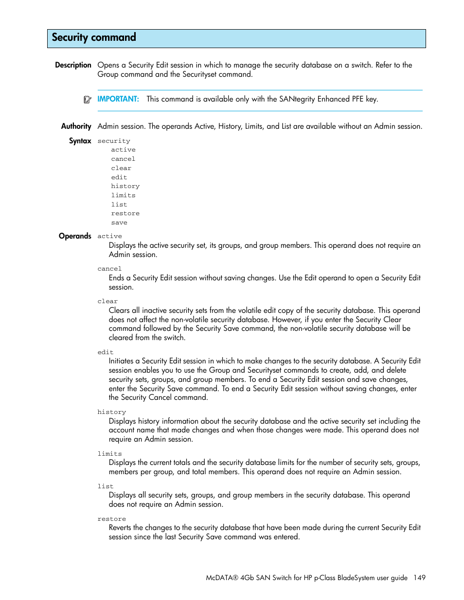 Security command | HP McDATA 4Gb SAN Switch for HP BladeSystem p-Class User Manual | Page 149 / 226