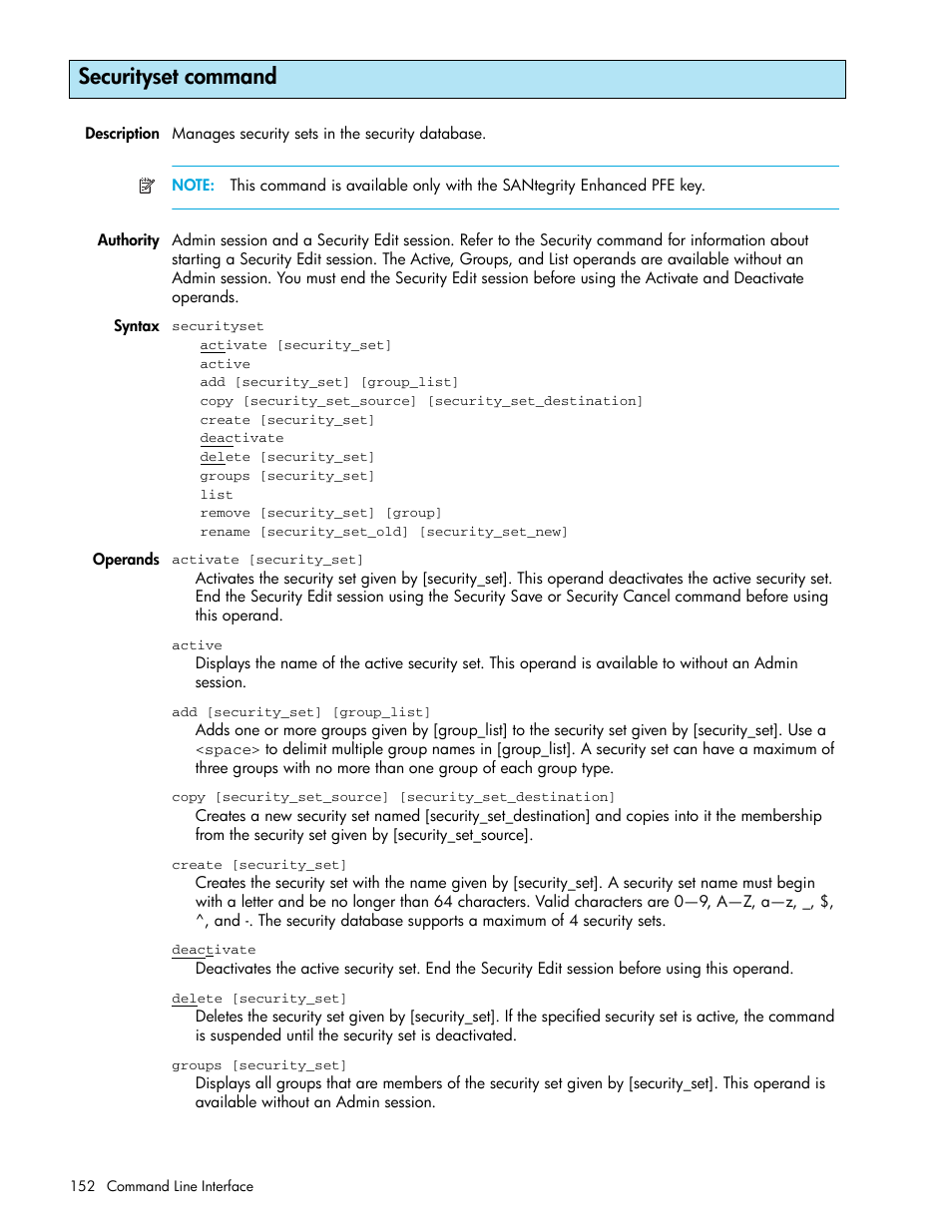 Securityset command | HP McDATA 4Gb SAN Switch for HP BladeSystem p-Class User Manual | Page 152 / 226