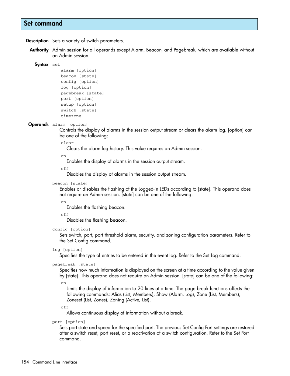 Set command | HP McDATA 4Gb SAN Switch for HP BladeSystem p-Class User Manual | Page 154 / 226