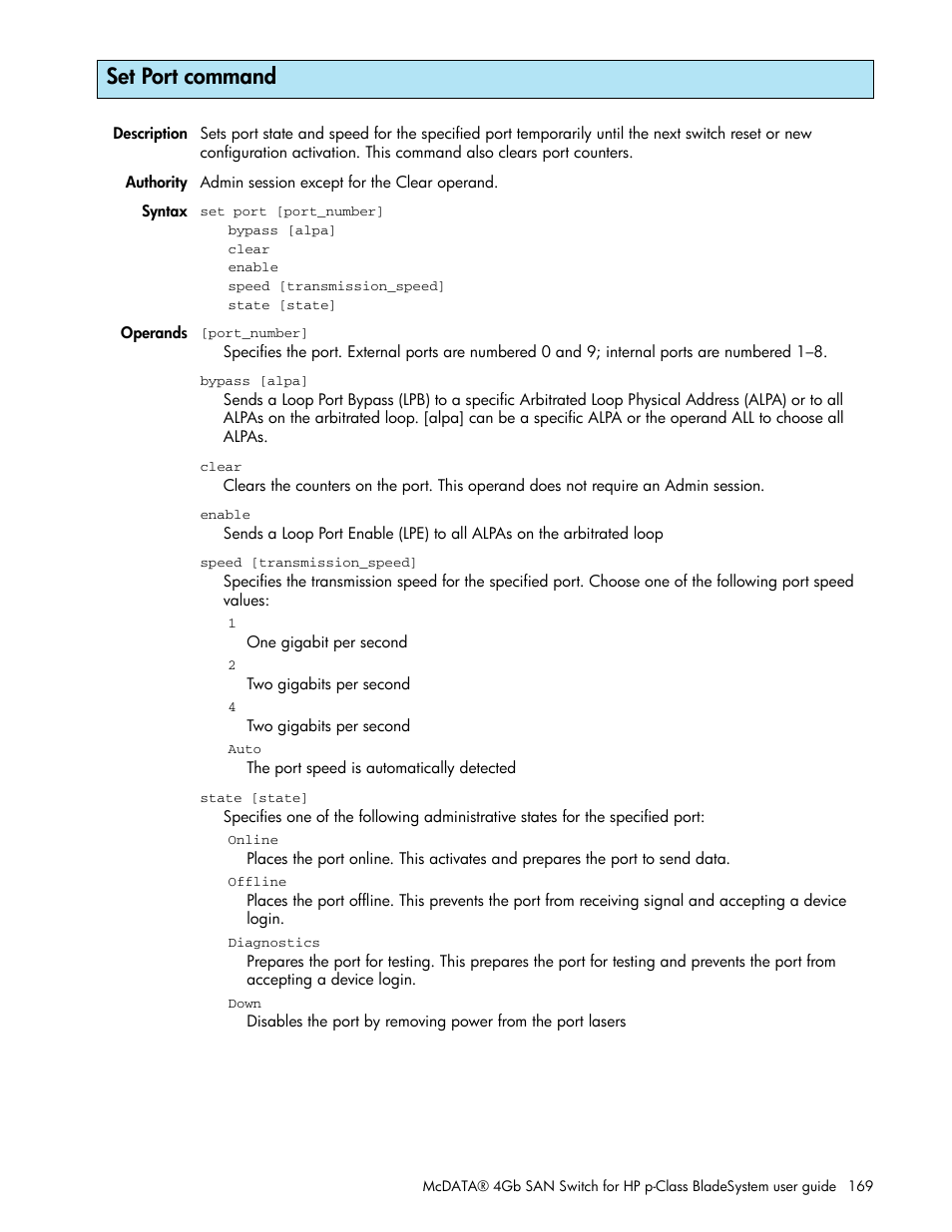 Set port command | HP McDATA 4Gb SAN Switch for HP BladeSystem p-Class User Manual | Page 169 / 226