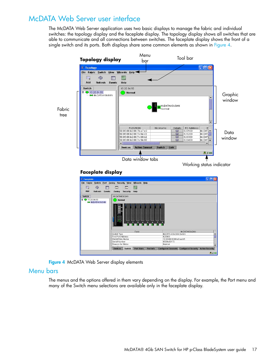 Mcdata web server user interface, Figure 4 mcdata web server display elements, Menu bars | 4 mcdata web server display elements | HP McDATA 4Gb SAN Switch for HP BladeSystem p-Class User Manual | Page 17 / 226