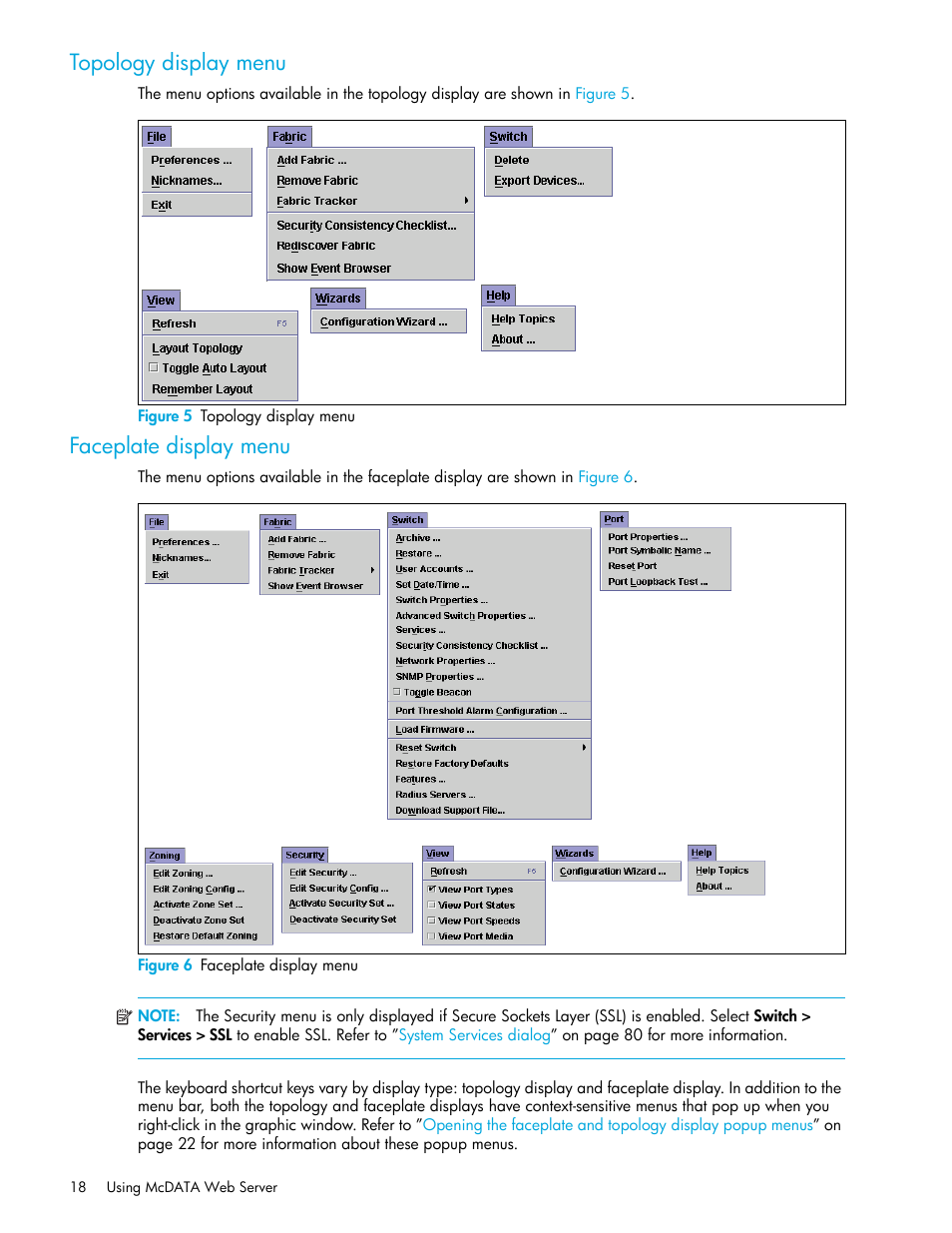 Topology display menu, Figure 5 topology display menu, Faceplate display menu | Figure 6 faceplate display menu, 5 topology display menu, 6 faceplate display menu | HP McDATA 4Gb SAN Switch for HP BladeSystem p-Class User Manual | Page 18 / 226