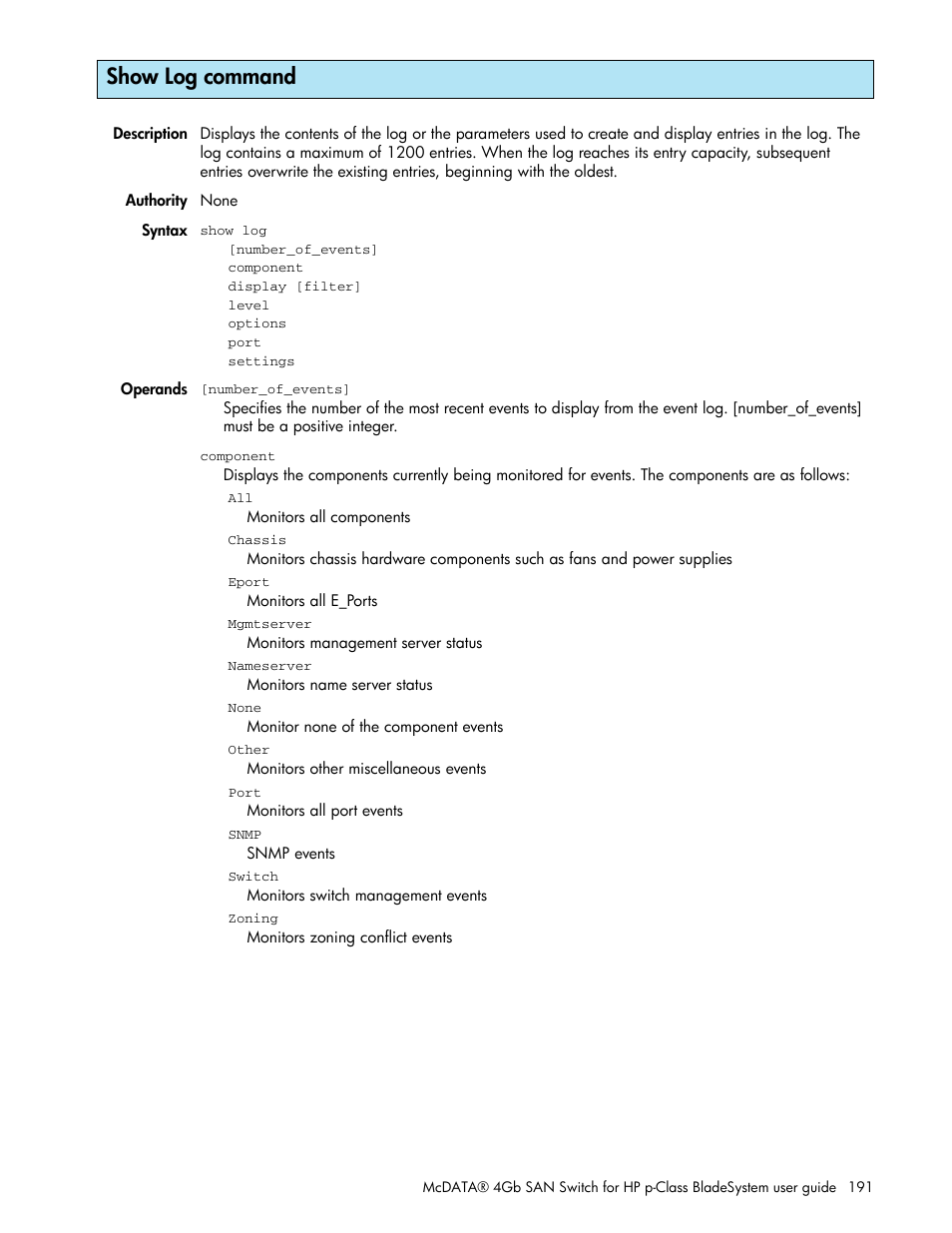 Show log command | HP McDATA 4Gb SAN Switch for HP BladeSystem p-Class User Manual | Page 191 / 226