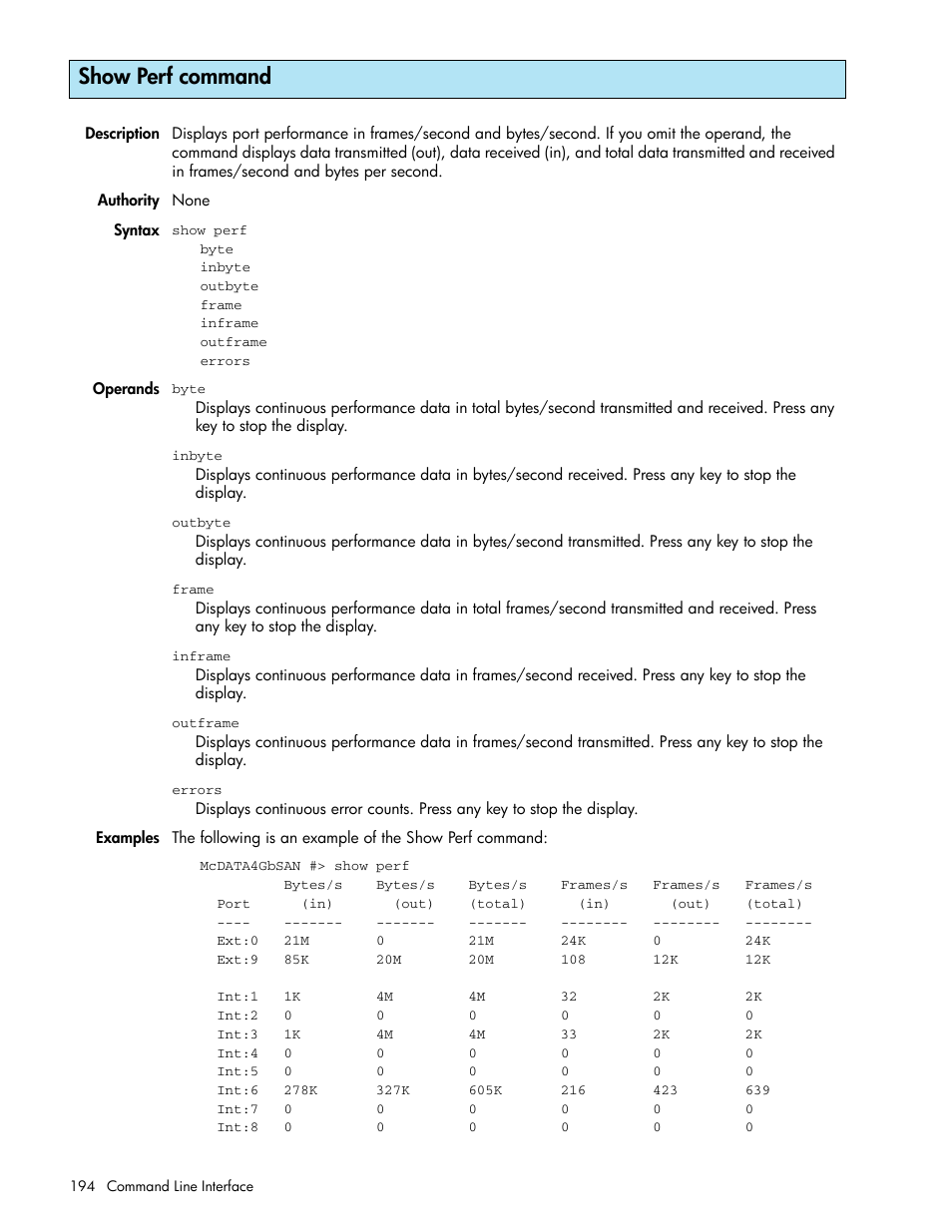 Show perf command | HP McDATA 4Gb SAN Switch for HP BladeSystem p-Class User Manual | Page 194 / 226