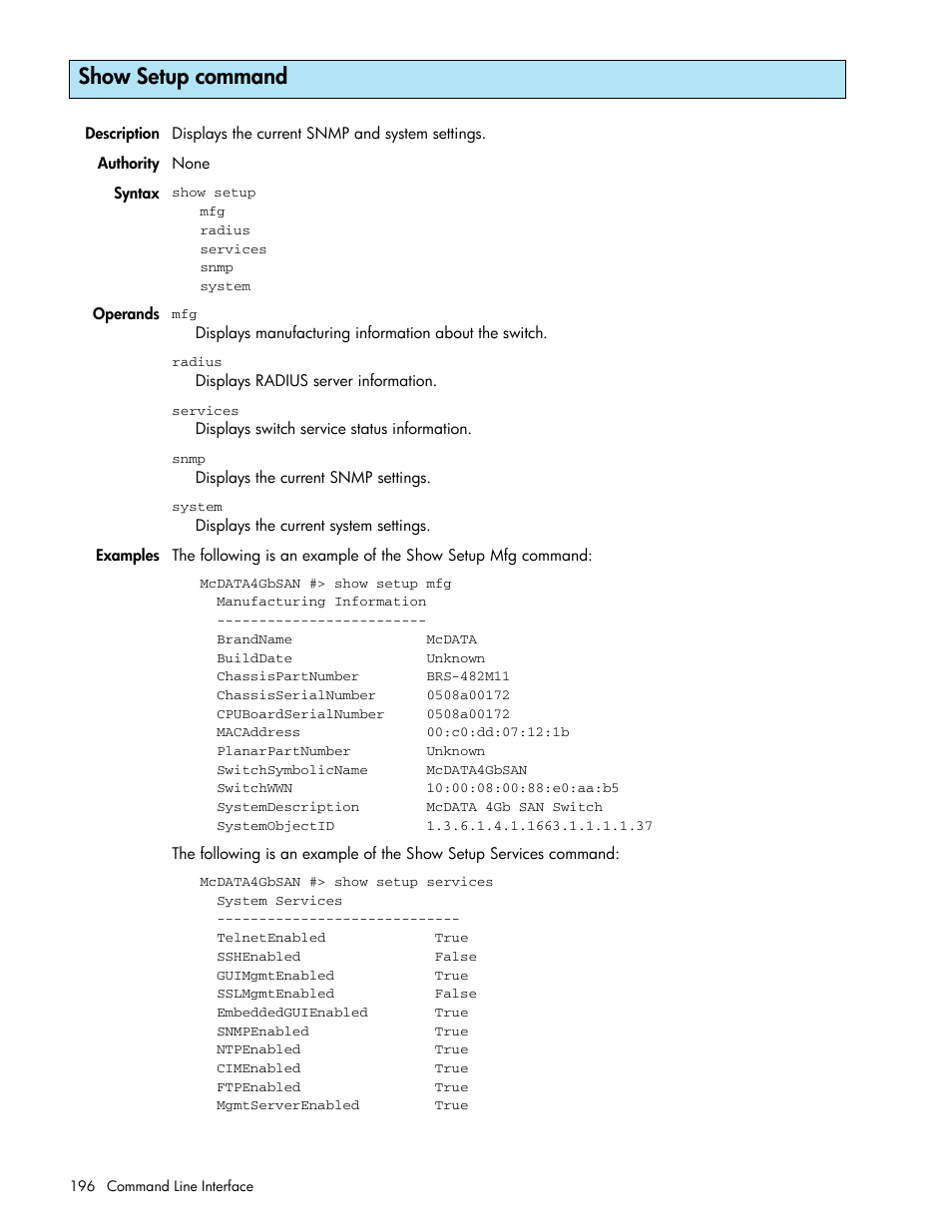 Show setup command | HP McDATA 4Gb SAN Switch for HP BladeSystem p-Class User Manual | Page 196 / 226