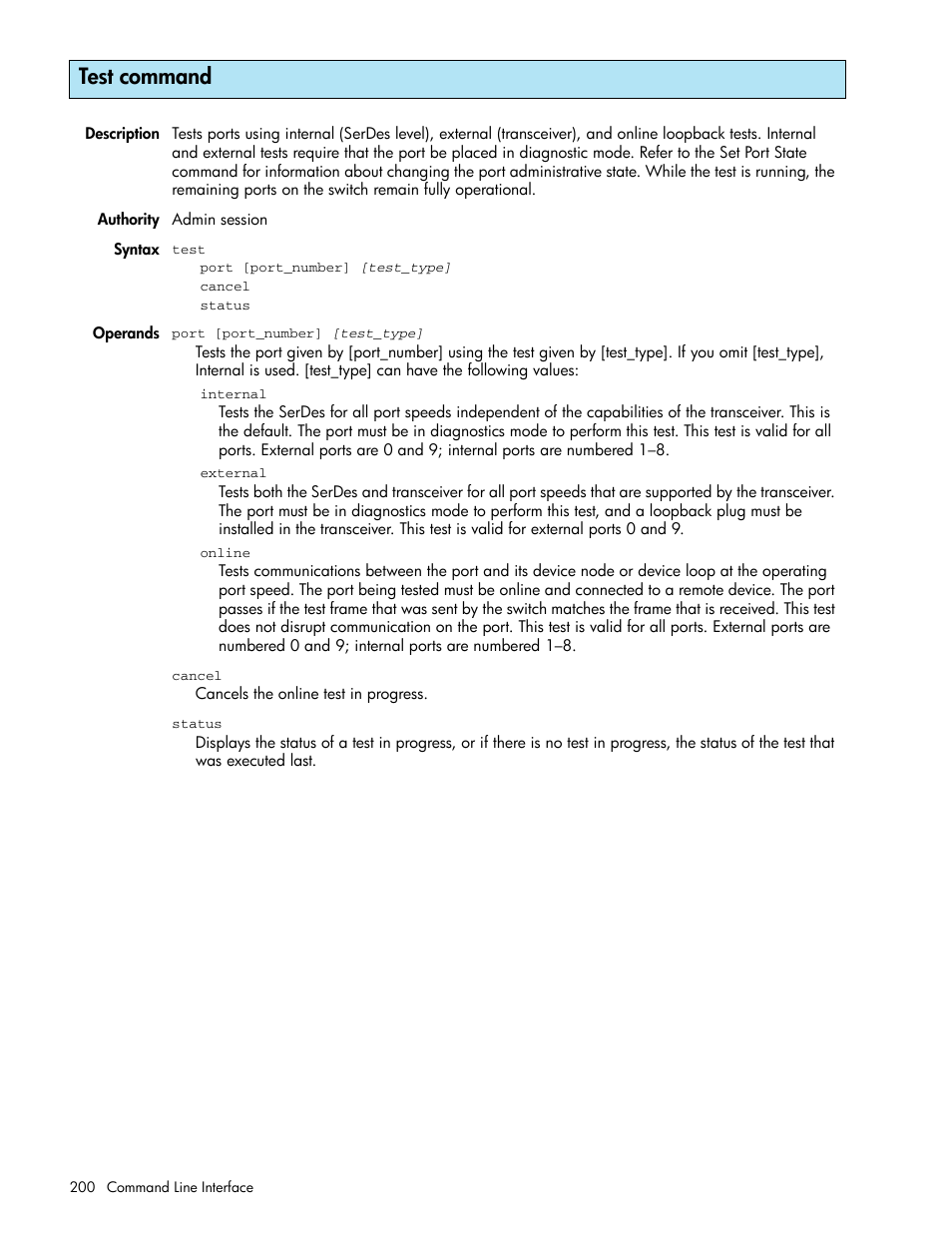 Test command | HP McDATA 4Gb SAN Switch for HP BladeSystem p-Class User Manual | Page 200 / 226