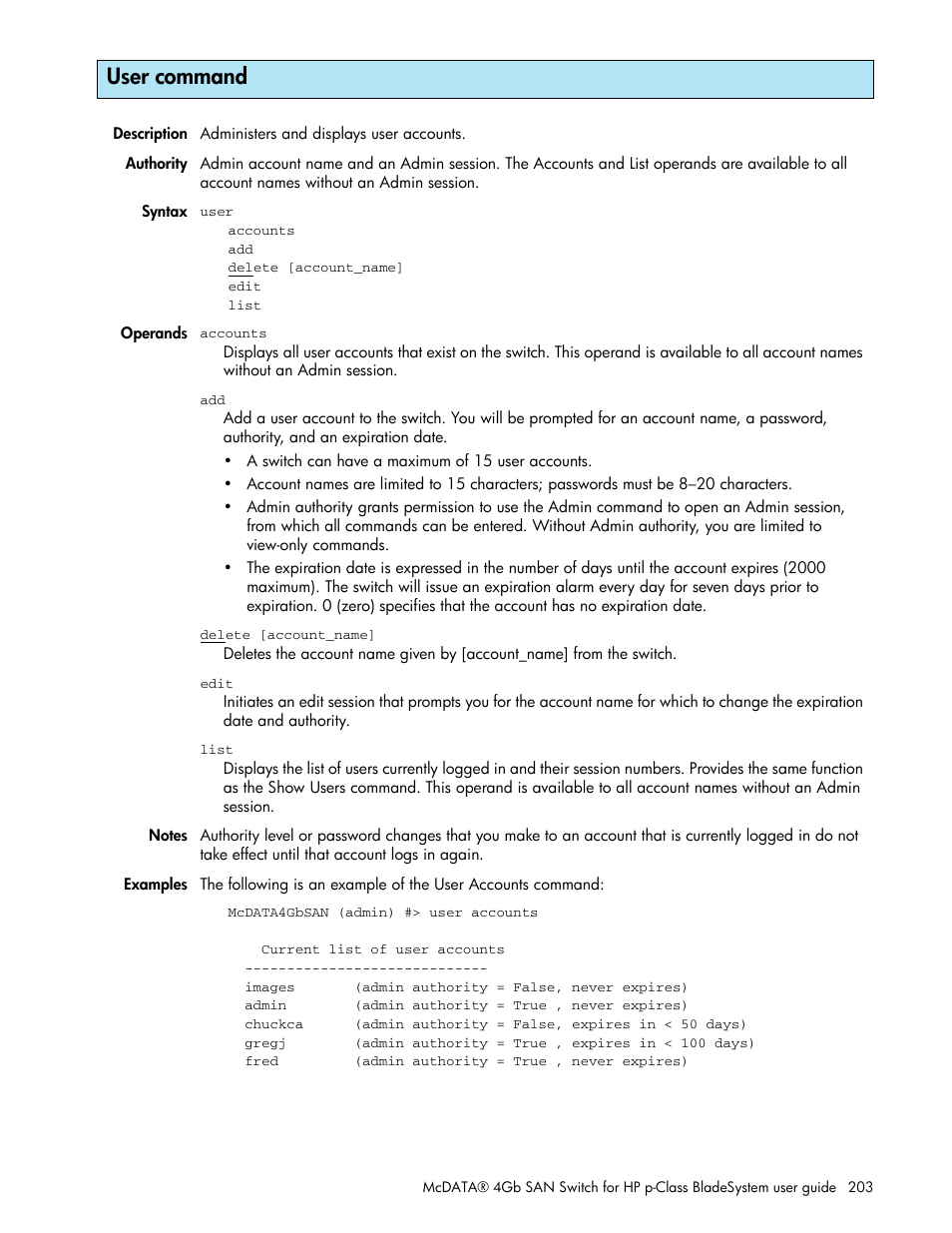 User command | HP McDATA 4Gb SAN Switch for HP BladeSystem p-Class User Manual | Page 203 / 226