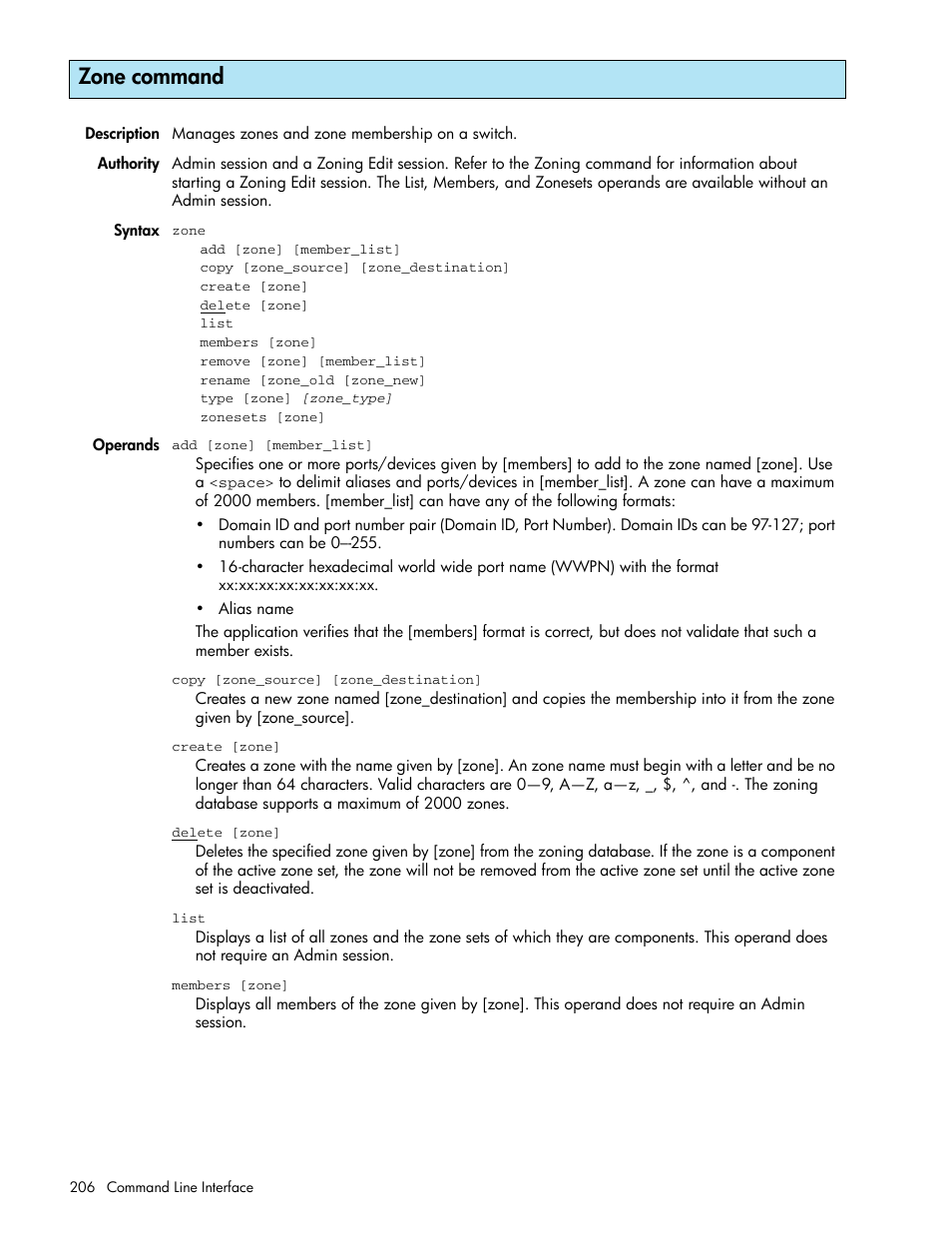 Zone command | HP McDATA 4Gb SAN Switch for HP BladeSystem p-Class User Manual | Page 206 / 226