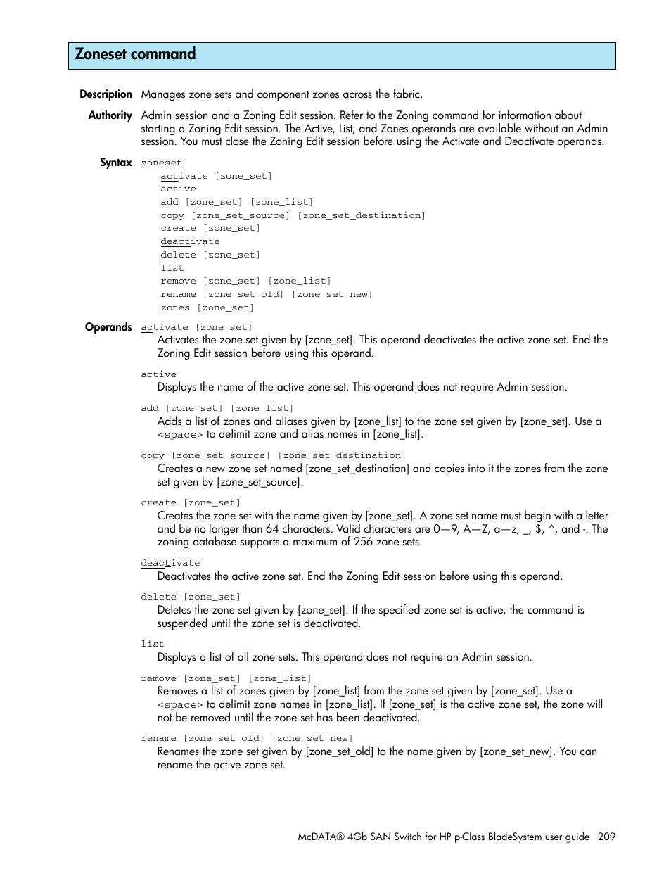 Zoneset command | HP McDATA 4Gb SAN Switch for HP BladeSystem p-Class User Manual | Page 209 / 226