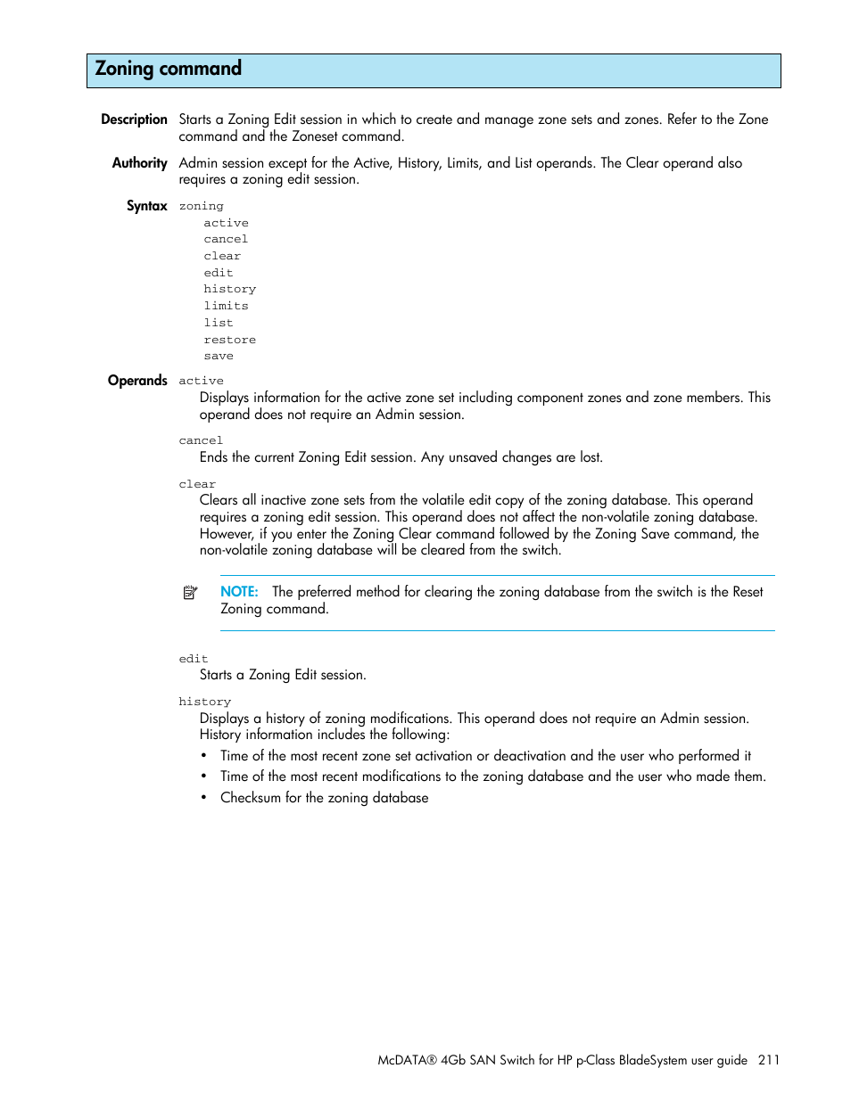 Zoning command | HP McDATA 4Gb SAN Switch for HP BladeSystem p-Class User Manual | Page 211 / 226