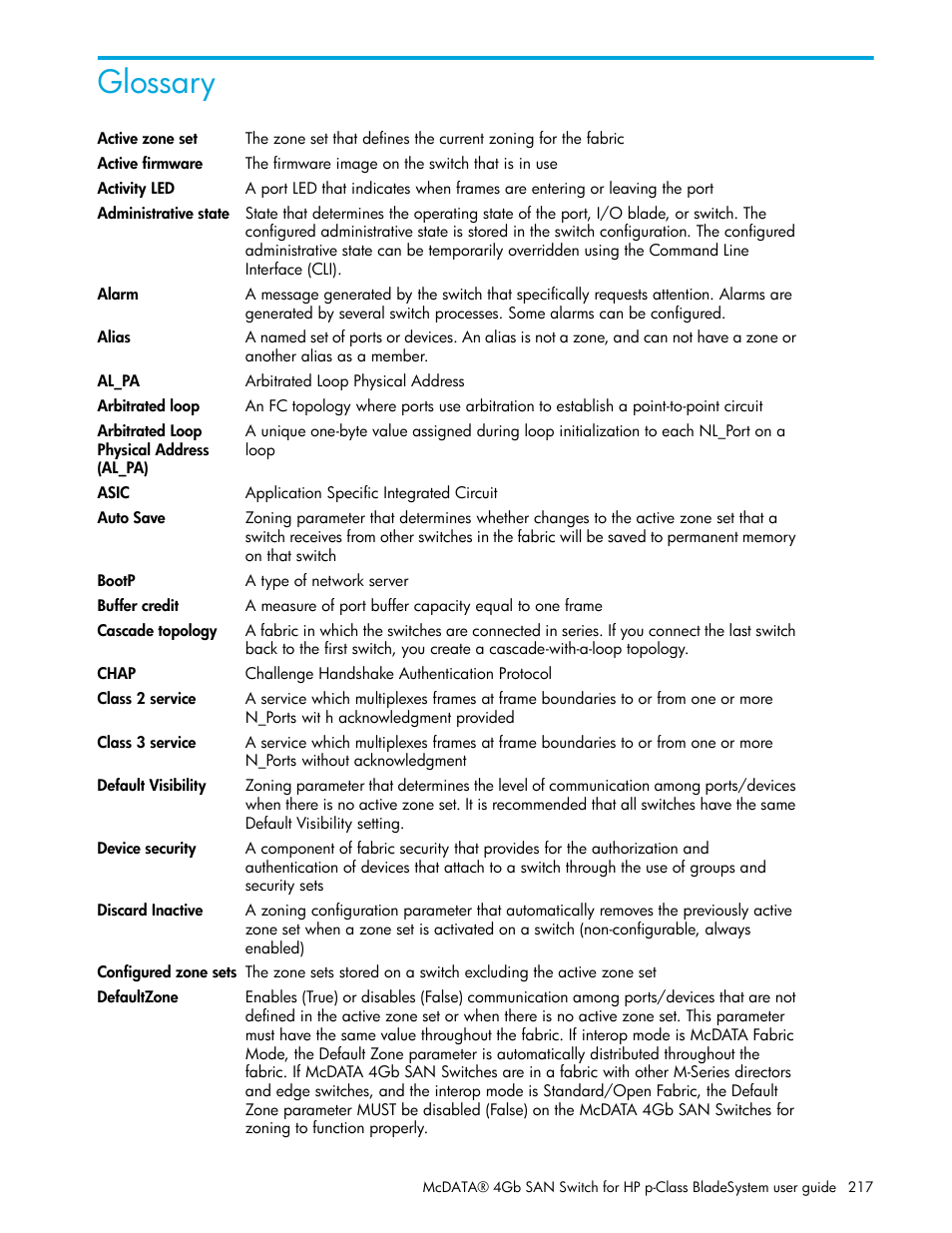 Glossary | HP McDATA 4Gb SAN Switch for HP BladeSystem p-Class User Manual | Page 217 / 226