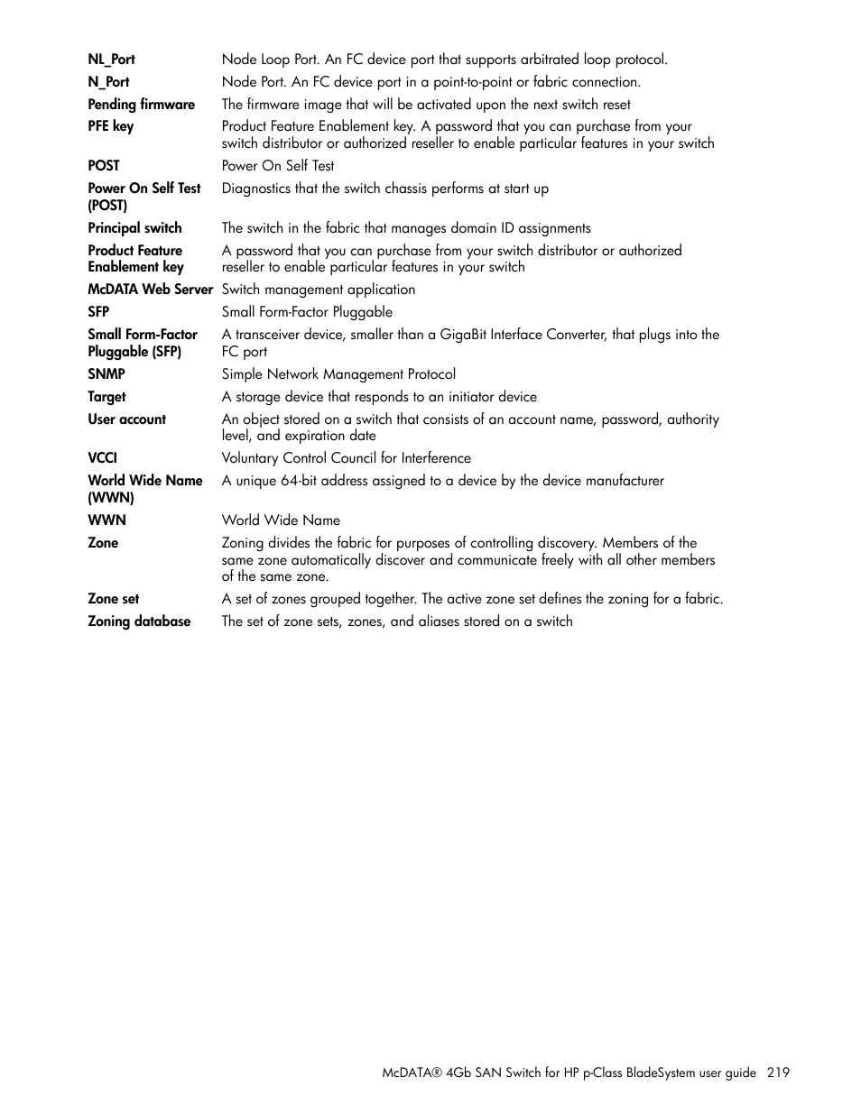 HP McDATA 4Gb SAN Switch for HP BladeSystem p-Class User Manual | Page 219 / 226