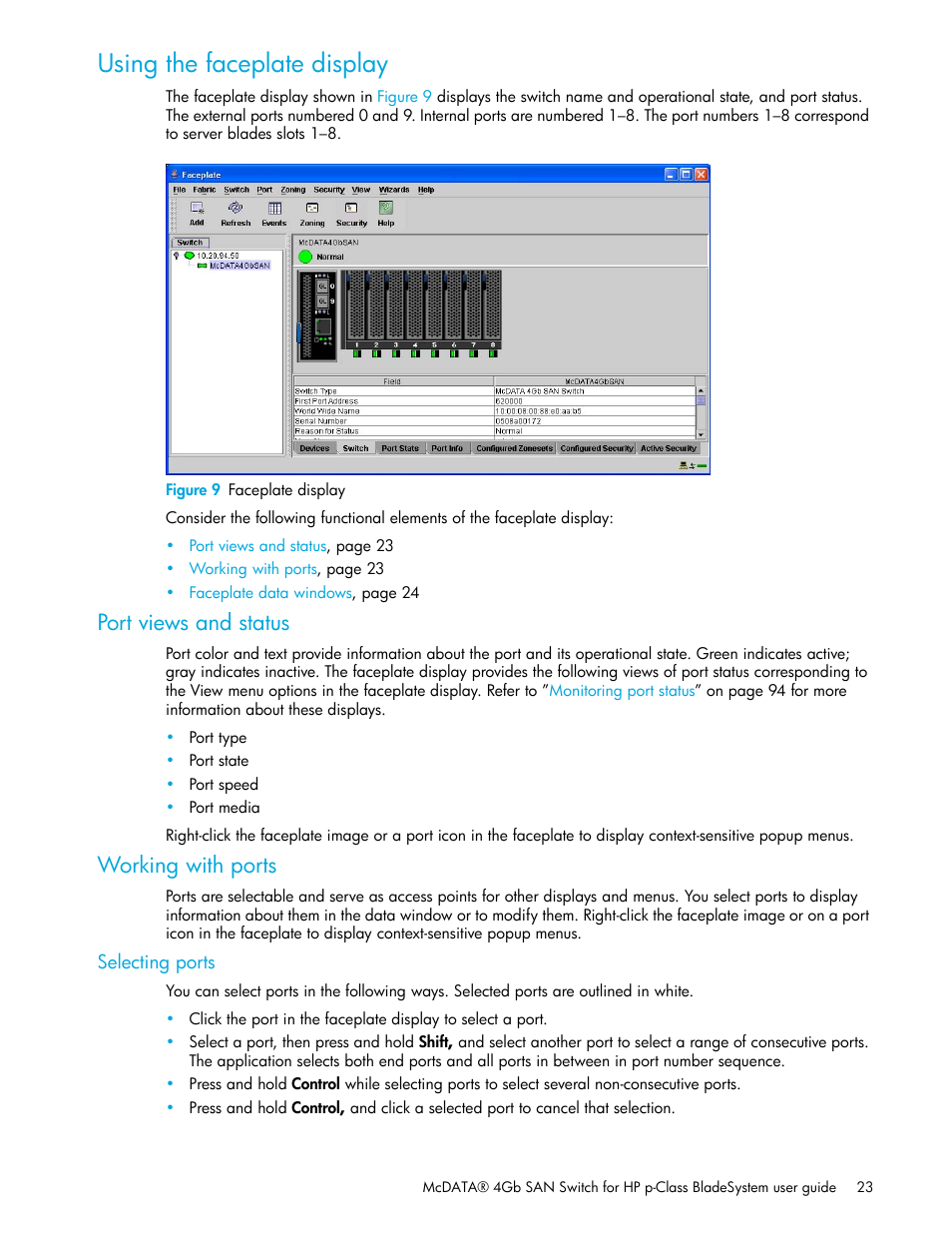 Using the faceplate display, Figure 9 faceplate display, Port views and status | Working with ports, Selecting ports, 9 faceplate display | HP McDATA 4Gb SAN Switch for HP BladeSystem p-Class User Manual | Page 23 / 226