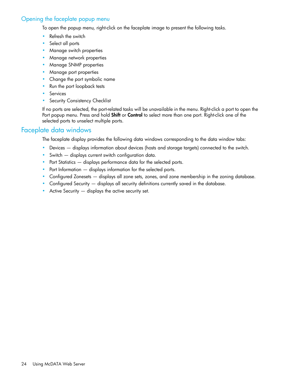 Opening the faceplate popup menu, Faceplate data windows | HP McDATA 4Gb SAN Switch for HP BladeSystem p-Class User Manual | Page 24 / 226