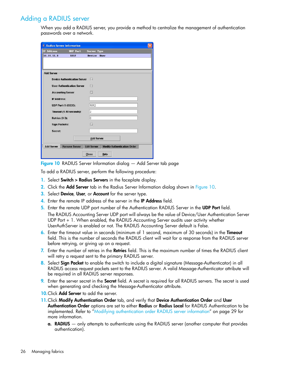 Adding a radius server | HP McDATA 4Gb SAN Switch for HP BladeSystem p-Class User Manual | Page 26 / 226