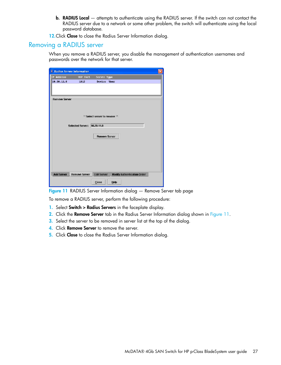 Removing a radius server | HP McDATA 4Gb SAN Switch for HP BladeSystem p-Class User Manual | Page 27 / 226