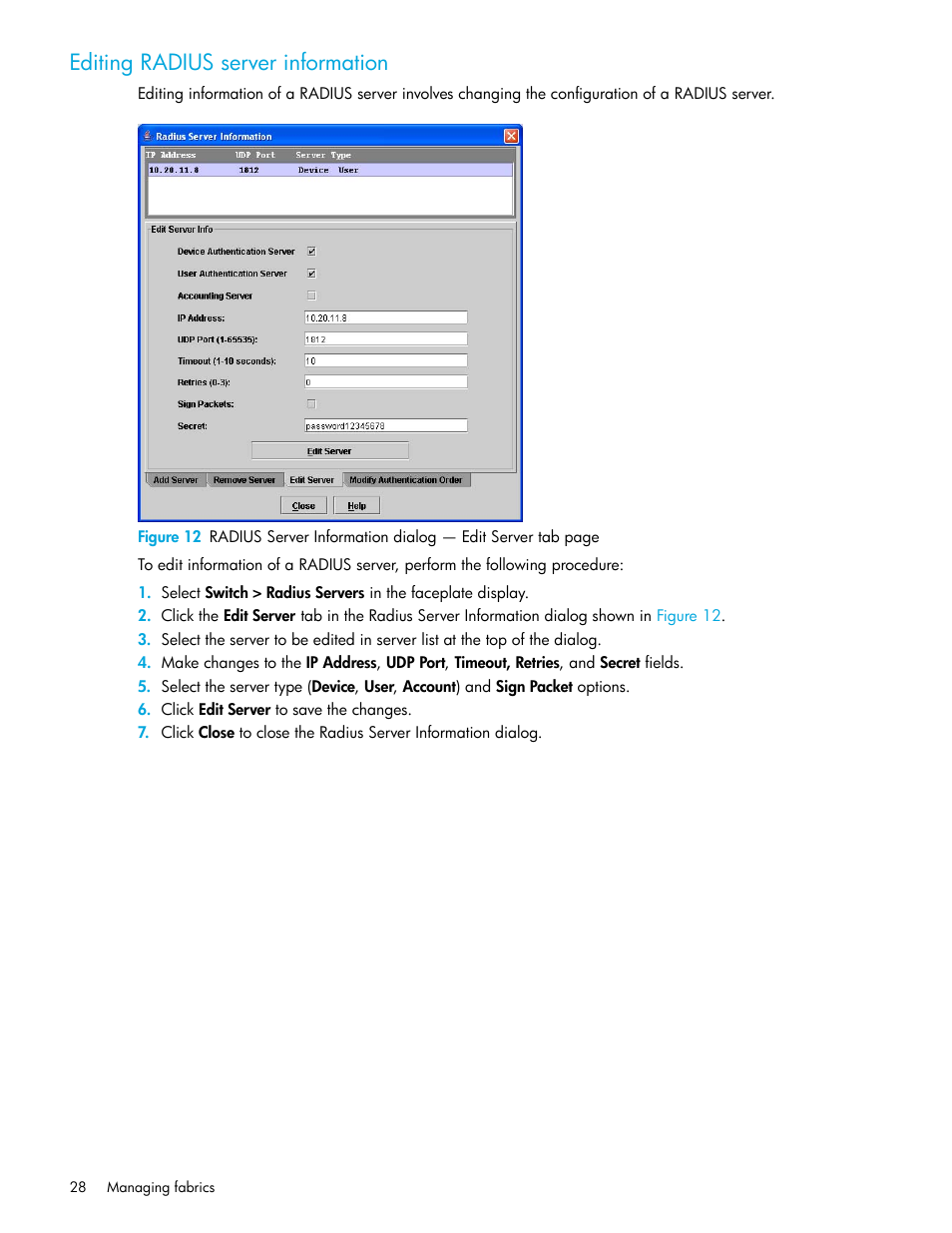 Editing radius server information | HP McDATA 4Gb SAN Switch for HP BladeSystem p-Class User Manual | Page 28 / 226