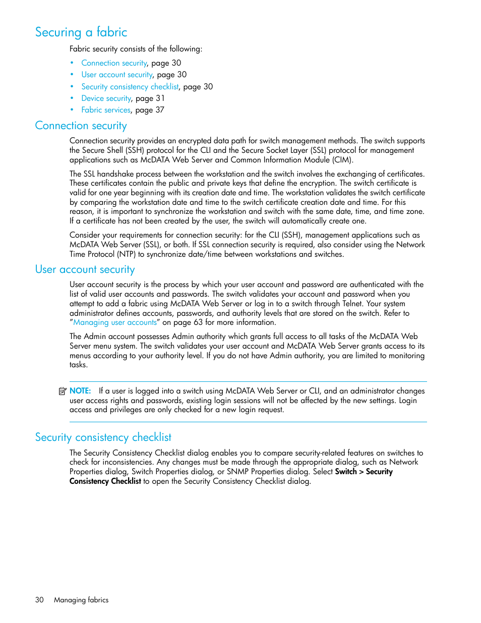 Securing a fabric, Connection security, User account security | Security consistency checklist | HP McDATA 4Gb SAN Switch for HP BladeSystem p-Class User Manual | Page 30 / 226