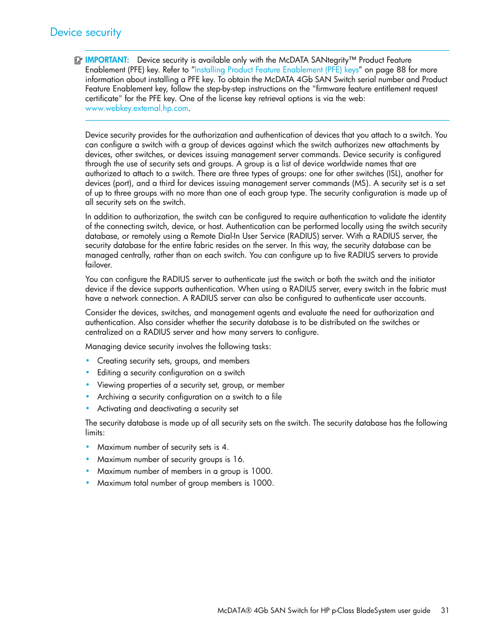 Device security | HP McDATA 4Gb SAN Switch for HP BladeSystem p-Class User Manual | Page 31 / 226