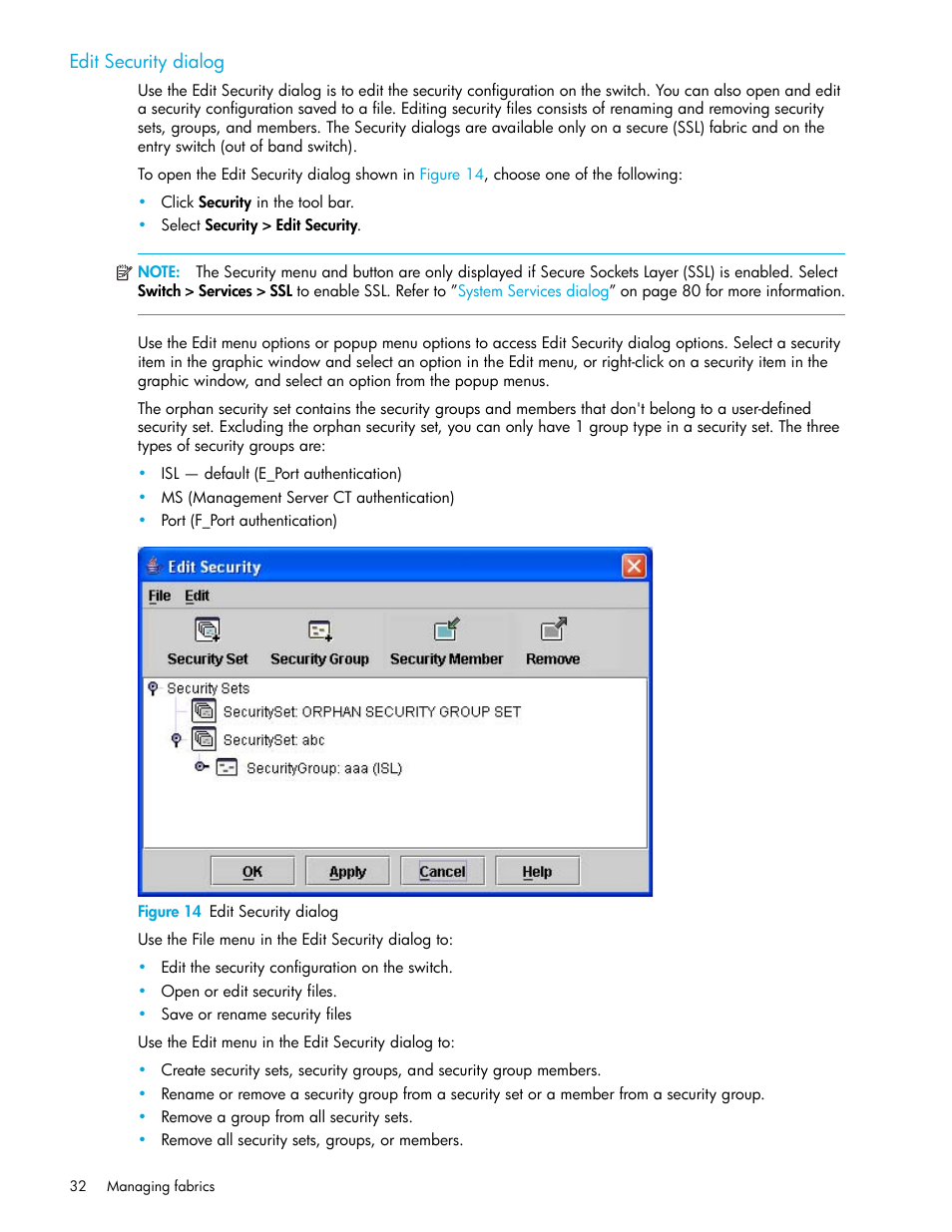 Edit security dialog, Figure 14 edit security dialog, 14 edit security dialog | HP McDATA 4Gb SAN Switch for HP BladeSystem p-Class User Manual | Page 32 / 226