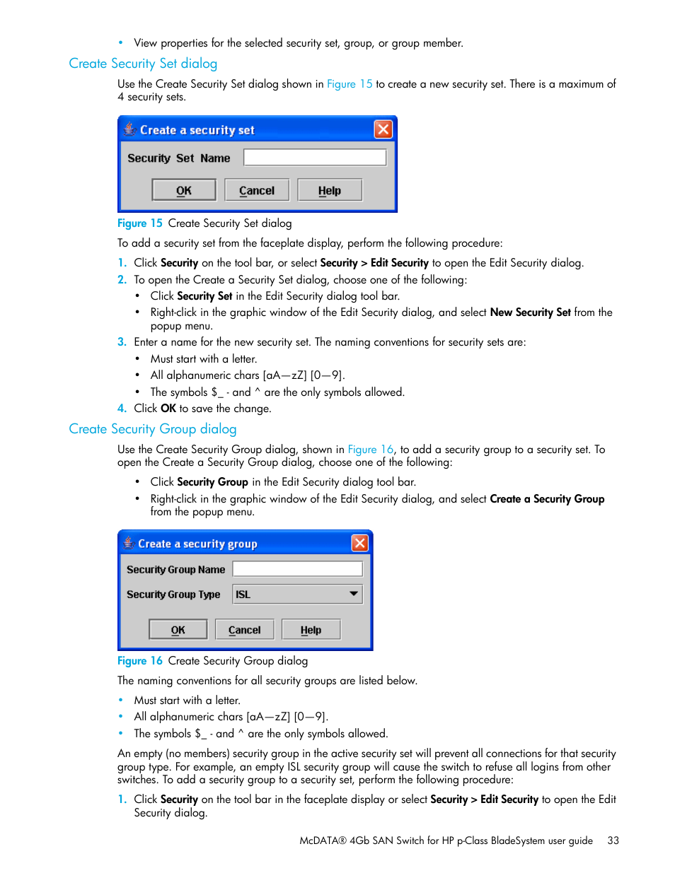 Create security set dialog, Figure 15 create security set dialog, Create security group dialog | Figure 16 create security group dialog, 15 create security set dialog, 16 create security group dialog | HP McDATA 4Gb SAN Switch for HP BladeSystem p-Class User Manual | Page 33 / 226