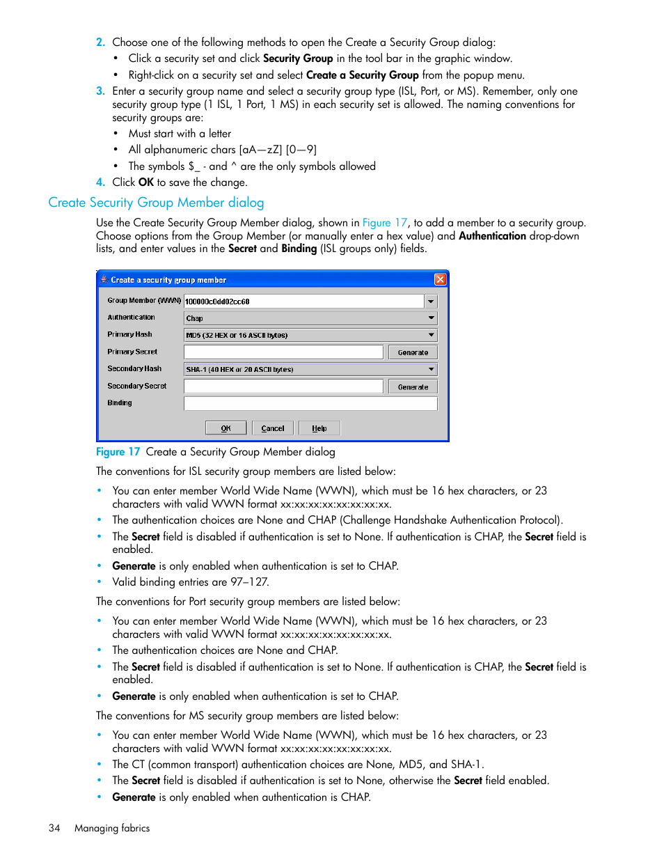 Create security group member dialog, Figure 17 create a security group member dialog, 17 create a security group member dialog | HP McDATA 4Gb SAN Switch for HP BladeSystem p-Class User Manual | Page 34 / 226