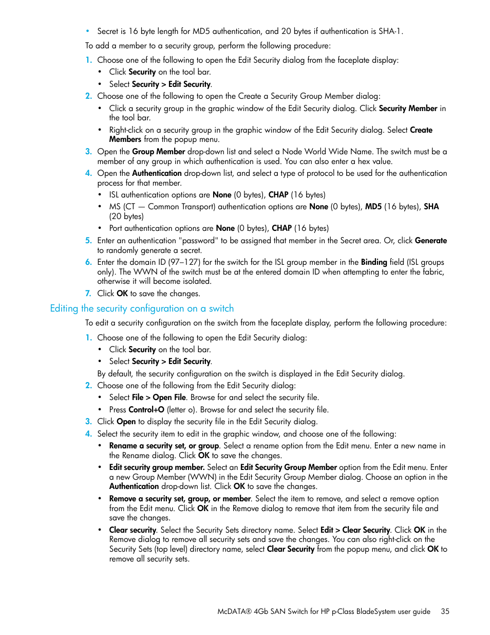 Editing the security configuration on a switch | HP McDATA 4Gb SAN Switch for HP BladeSystem p-Class User Manual | Page 35 / 226