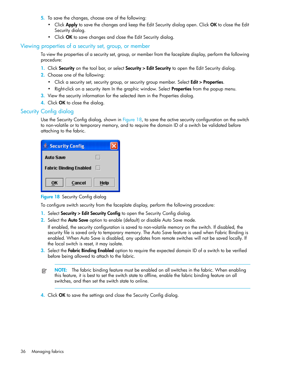 Security config dialog, Figure 18 security config dialog, 18 security config dialog | HP McDATA 4Gb SAN Switch for HP BladeSystem p-Class User Manual | Page 36 / 226