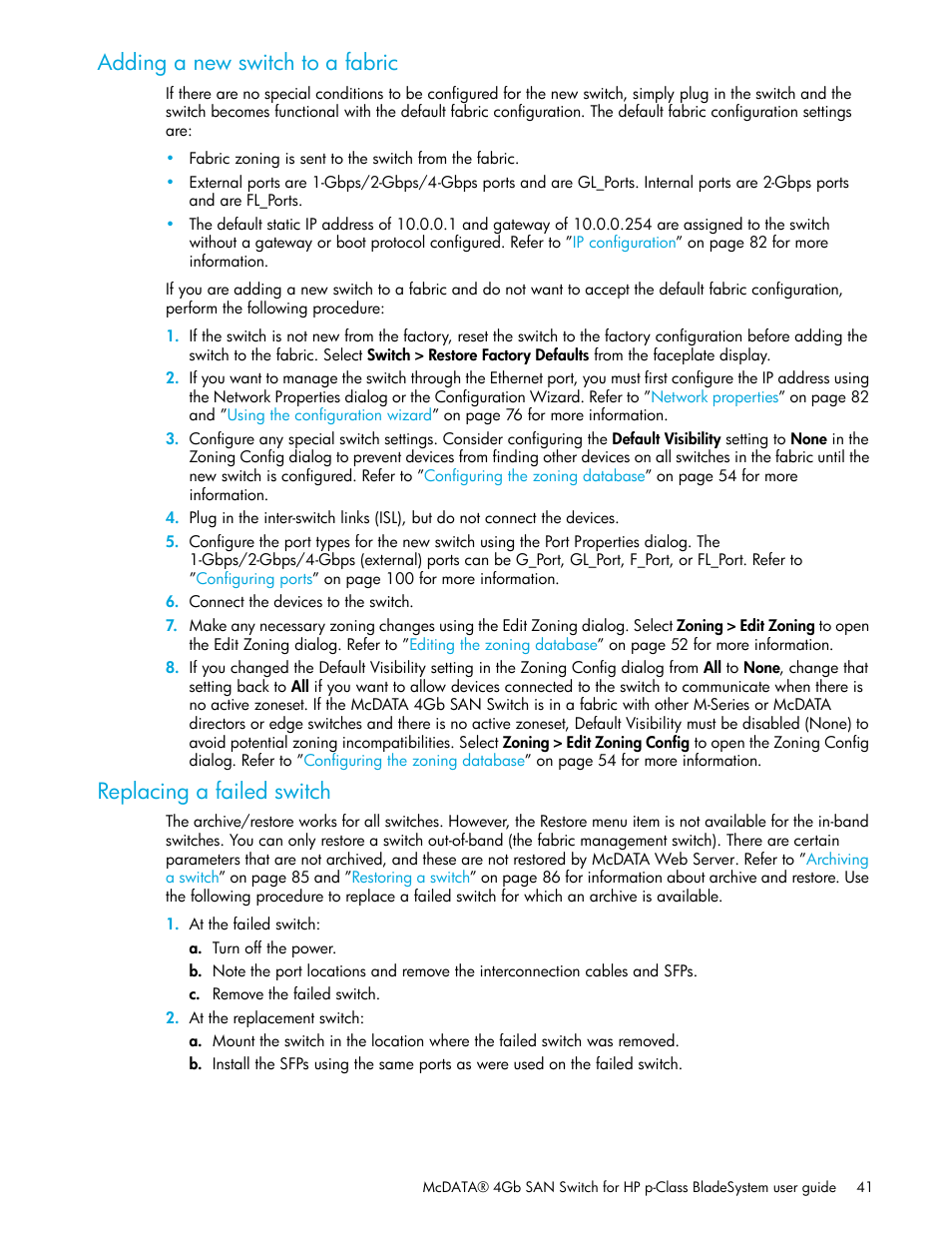 Adding a new switch to a fabric, Replacing a failed switch | HP McDATA 4Gb SAN Switch for HP BladeSystem p-Class User Manual | Page 41 / 226